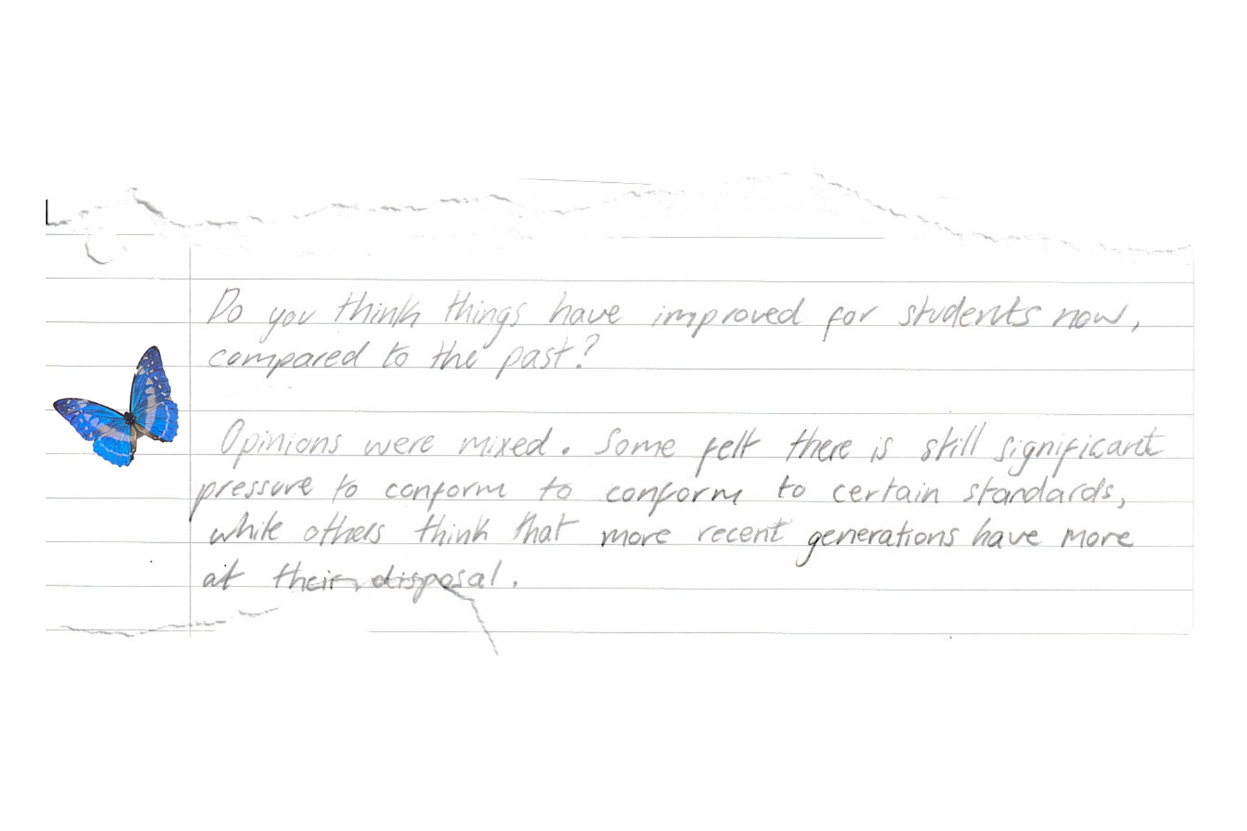 Handwritten note on paper with a blue butterfly sticker on the lower left corner.