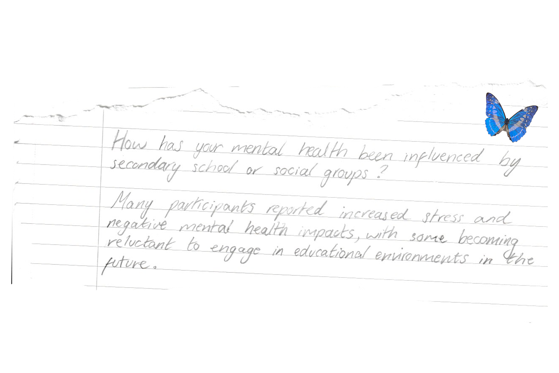 Handwritten notes on lined paper with a blue butterfly sticker in the upper right corner. The notes discuss the impact of secondary school and social groups on mental health.