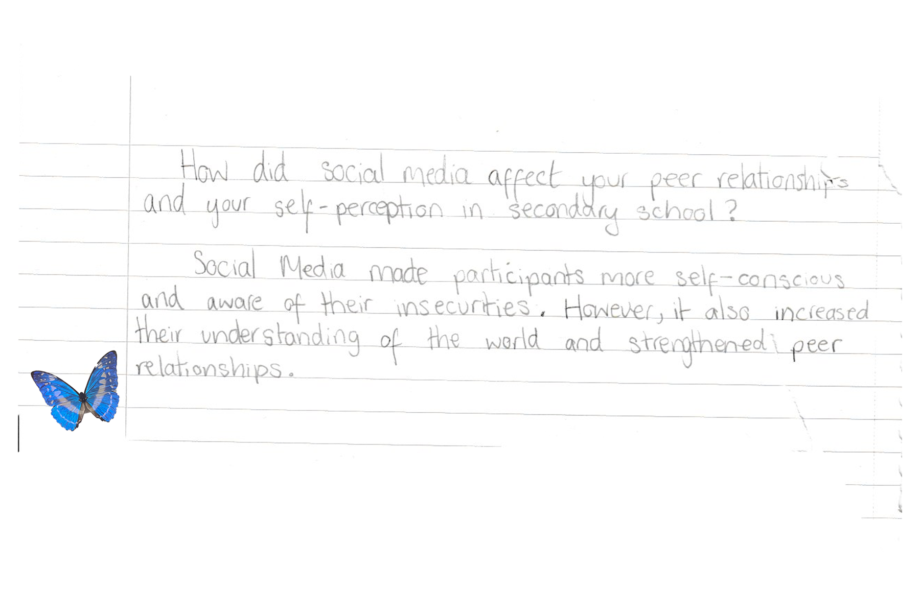 A handwritten note on lined paper with a blue butterfly sticker at the bottom left corner. The note discusses the effects of social media on peer relationships and self-perception in secondary school.