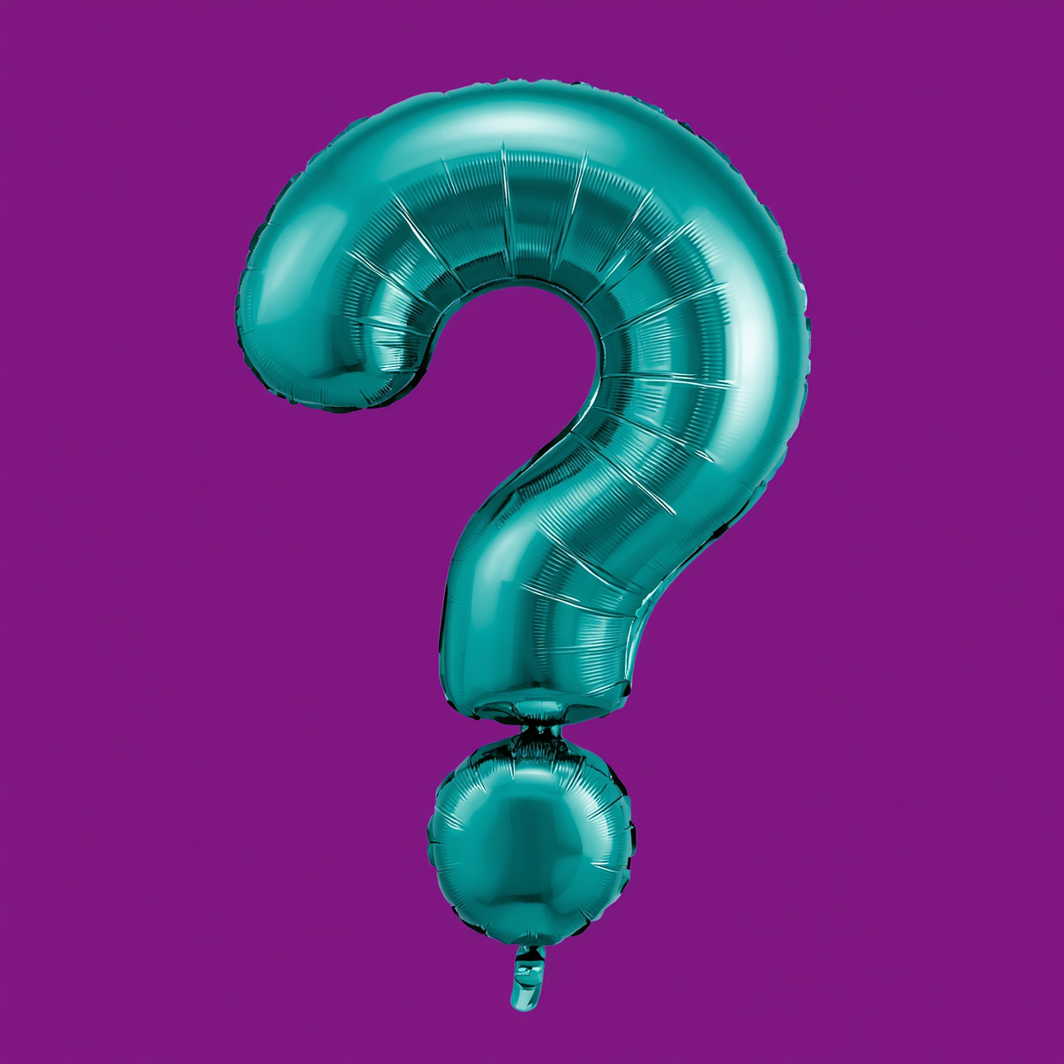 A teal metallic balloon shaped like a question mark against a purple background.