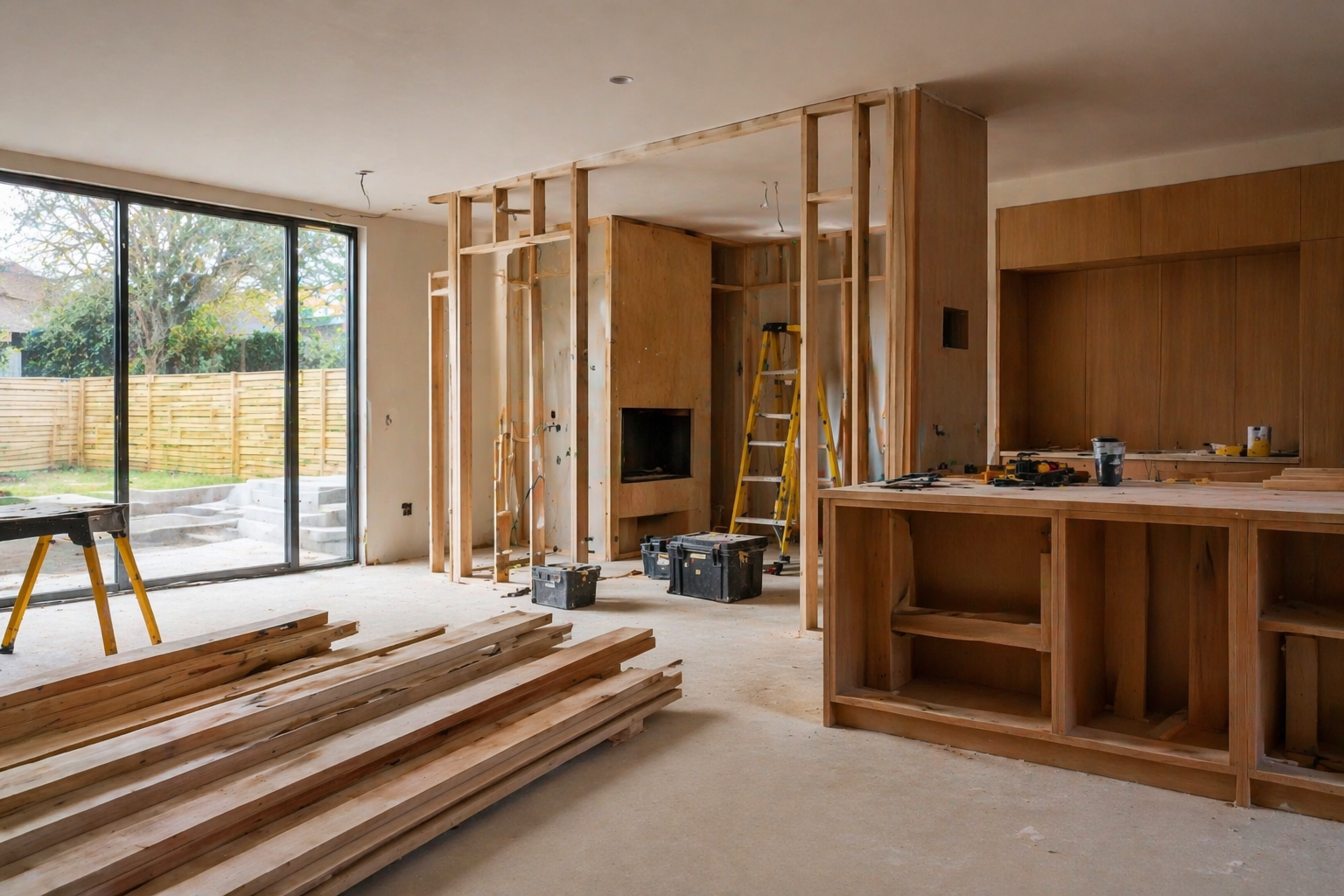 Interior view of a house under construction with exposed wooden framing, tools, and building materials, large sliding glass door, and a backyard with trees and a lawn.