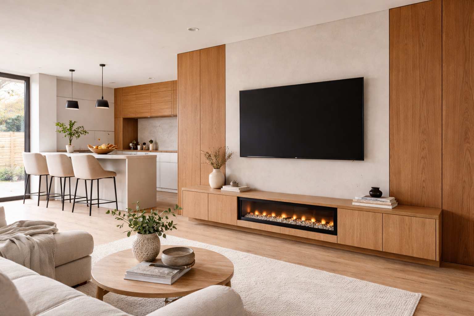 Modern open-concept living room and kitchen with wooden accents, a large black wall-mounted TV, fireplace, beige sofa, round coffee table with decor, and dining area with barstools near a sliding glass door.