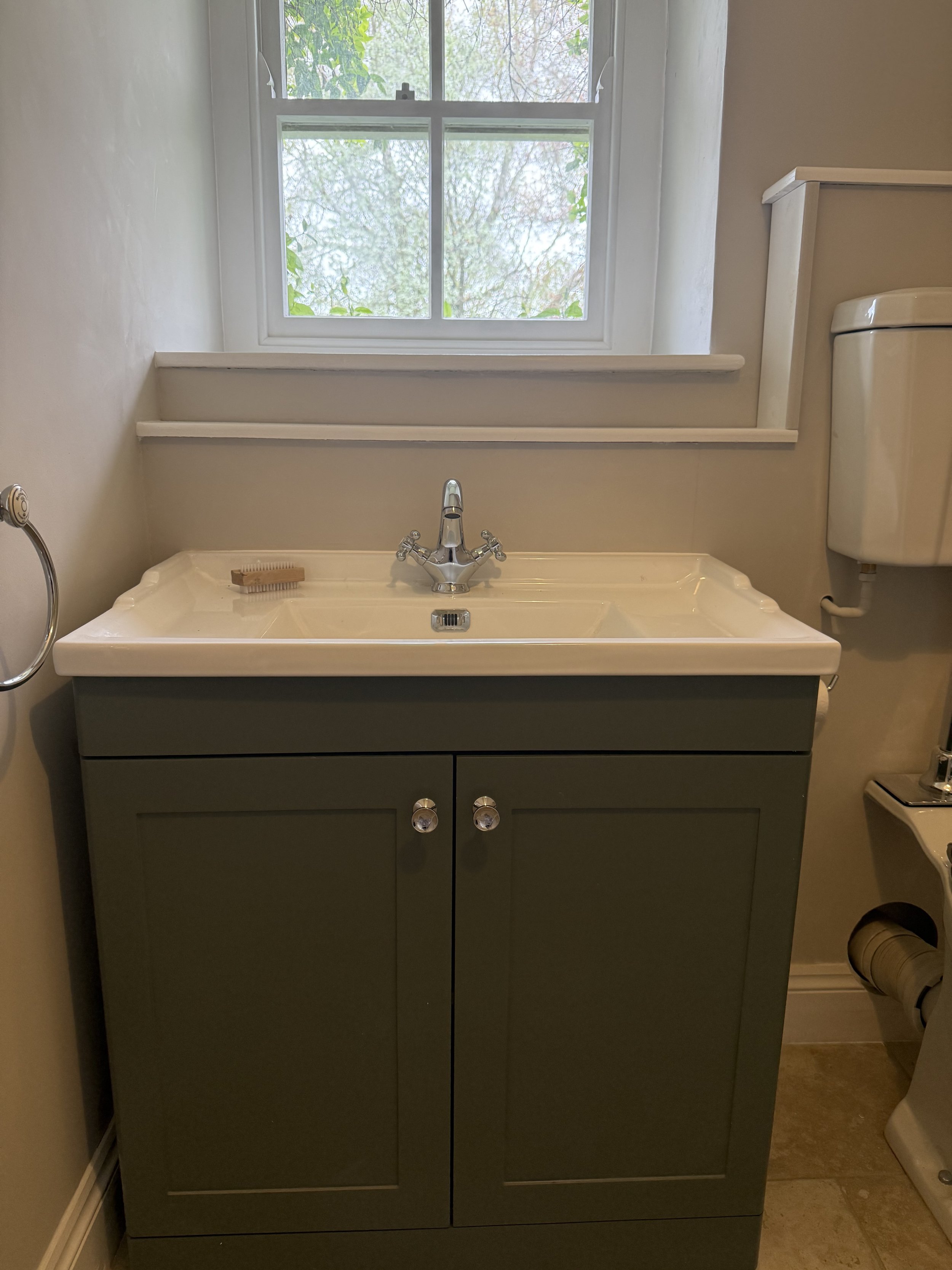 Bathroom vanity with green cabinet, white sink, faucet, window with greenery outside, mirror, and toilet