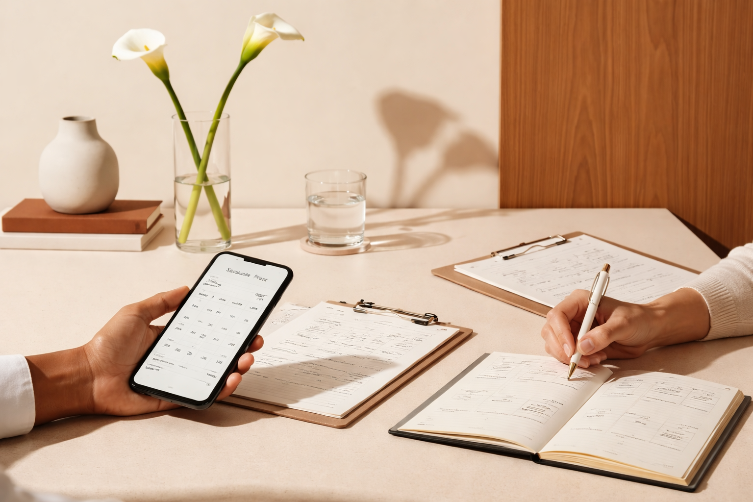 A person holds a phone displaying a calendar, while another person writes in a planner on a desk with clipboards, papers, a vase with white calla lilies, and a glass of water.
