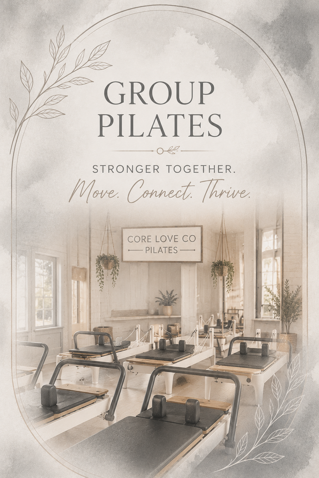Interior of a Pilates studio with reformer machines, hanging plants, and large windows with natural light, promoting group Pilates classes.