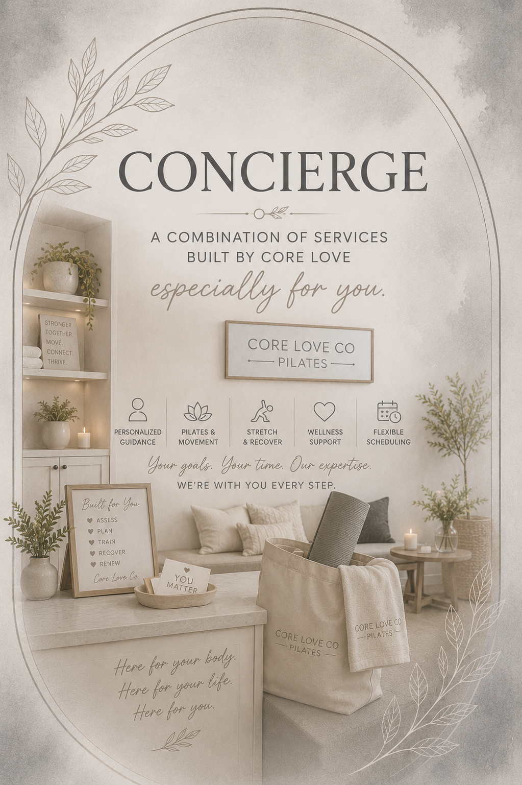 Promotional poster for a wellness and Pilates service called Concierge by Core Love, featuring minimalistic decor, a leather couch with cushions, plants, candles, a framed checklist, a tote bag, and various icons indicating services like personalized guidance, movement, wellness, and scheduling.