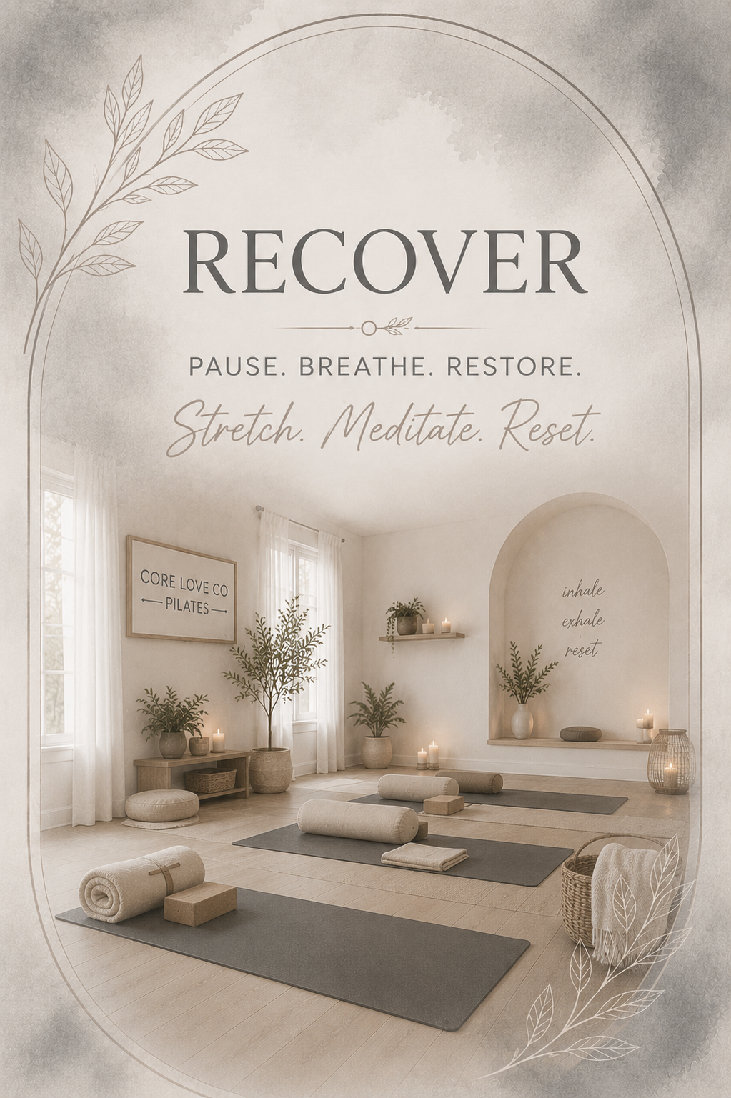 A yoga studio with mats, bolsters, and candles, featuring a calming decor with plants and minimalist wall art.