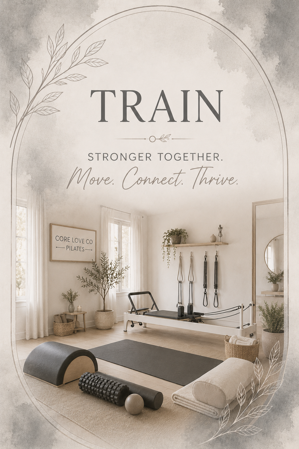 Well-lit fitness studio with Pilates equipment, plants, and framed inspirational decor. Text overlay: "Train. Stronger Together. Move. Connect. Thrive."