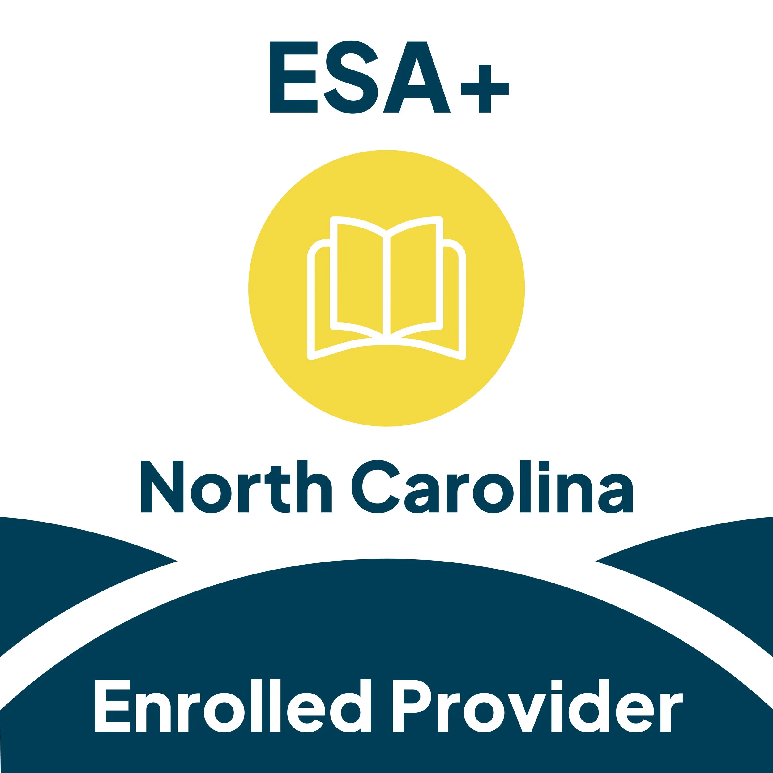 Logo of North Carolina Enrolled Provider for ESA+ program with a yellow circle and white open book icon in the center, blue background, and white text.