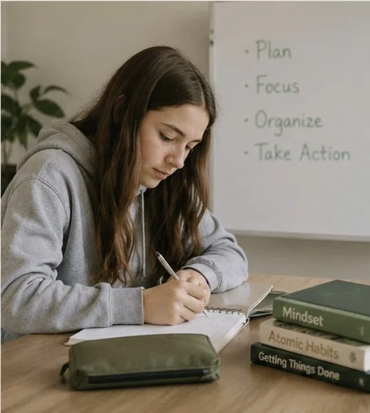 A young woman in a gray hoodie sitting at a desk, writing in a notebook with a pen. There are books titled "Mindset," "Atomic Habits," and "Getting Things Done" on the desk. A whiteboard in the background lists "Plan," "Focus," "Organize," and "Take Action."
