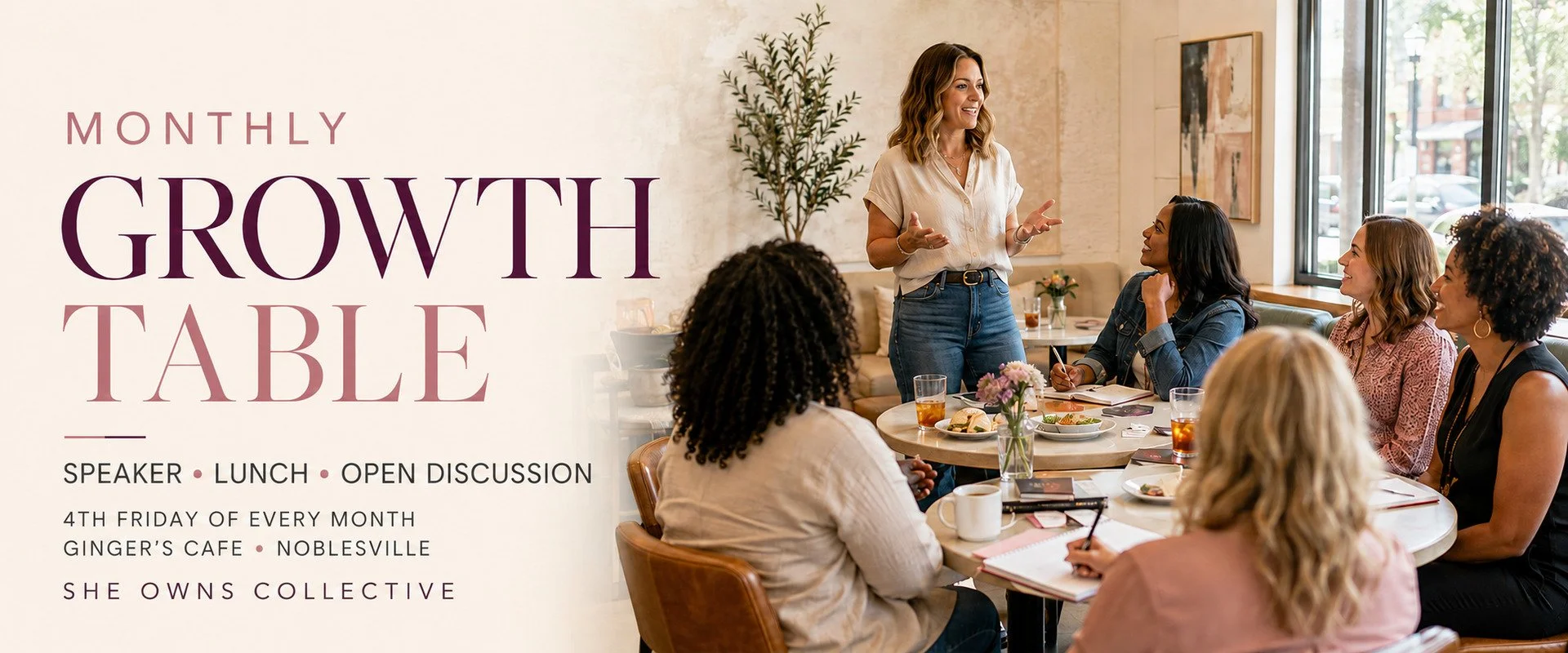 A woman leads a discussion at a women-centered growth group meeting in a cozy cafe with natural light, seated around a round table with notebooks, coffee, and flowers.