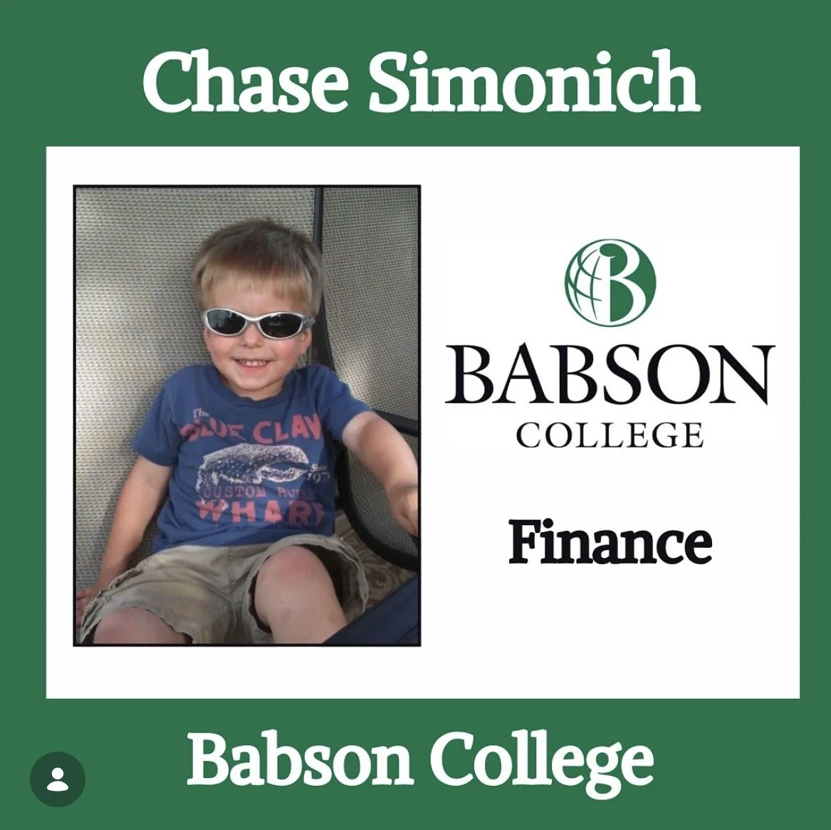 A young boy wearing sunglasses and a blue t-shirt smiling while sitting in a chair, next to a Babson College logo and the words 'Finance' and 'Babson College' on a green background.