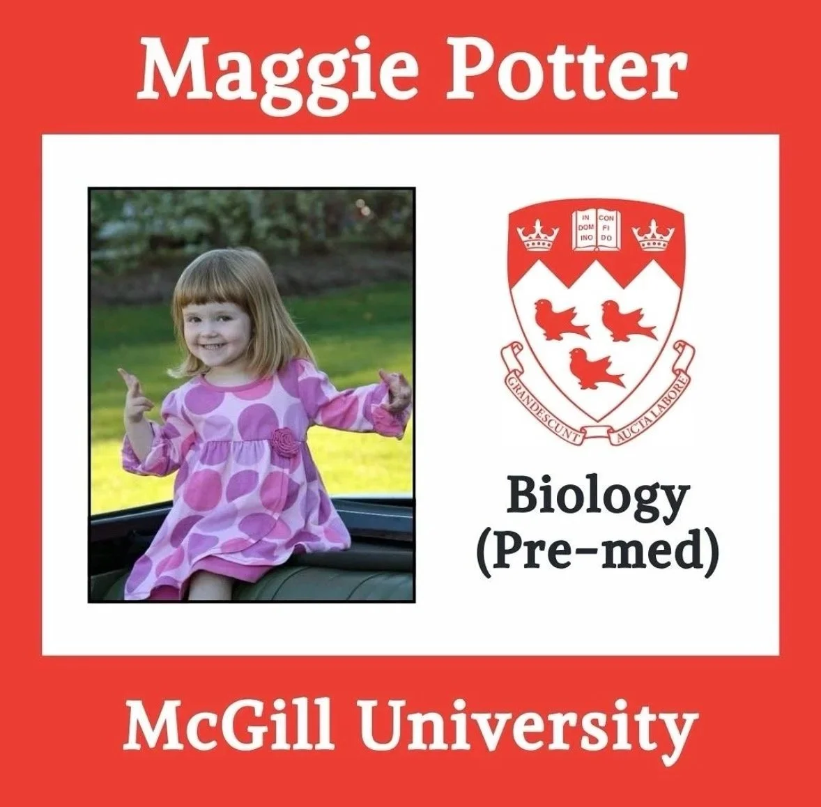 McGill University badge featuring a young girl with ginger hair and a pink dress with purple polka dots, smiling outdoors.