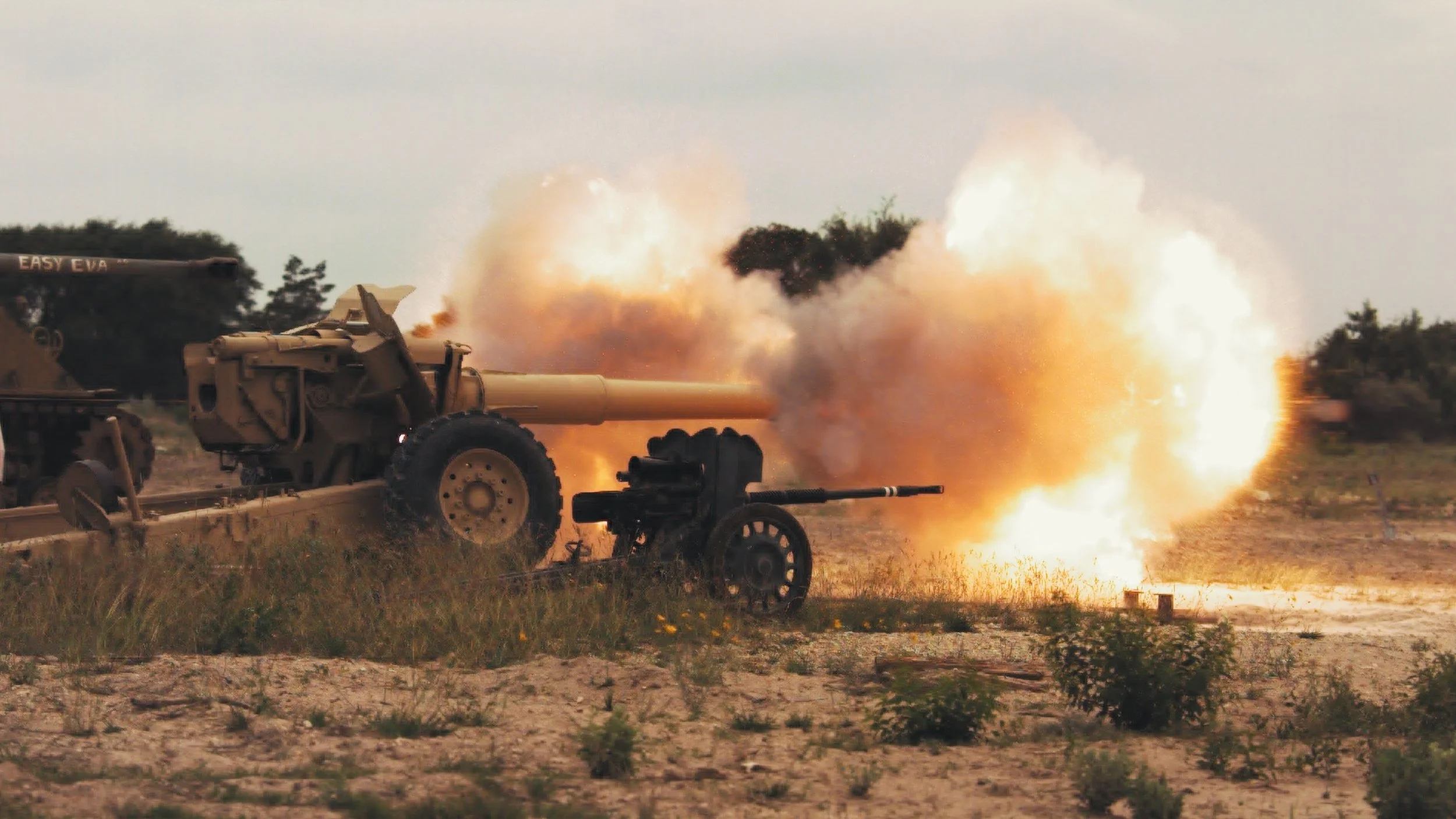 A military artillery cannon firing, with a large cloud of smoke and fire erupting from the muzzle, outdoors on a field with grass and trees in the background.