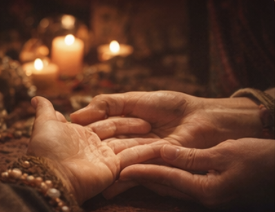 Two hands holding each other in a warm, intimate gesture, with candles in the background creating a cozy atmosphere.