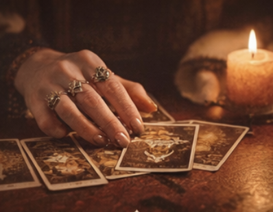 A woman's hand with ornate rings reaching for tarot cards on a table, with a lit candle nearby.