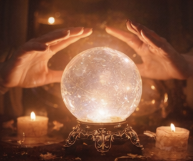 Two hands orbiting a glowing crystal ball surrounded by candles in a dark room.