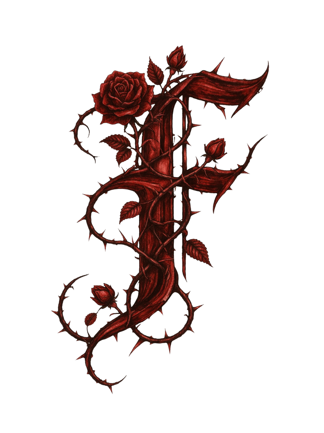 Red tattoo-style letter 'R' with roses and thorny vines
