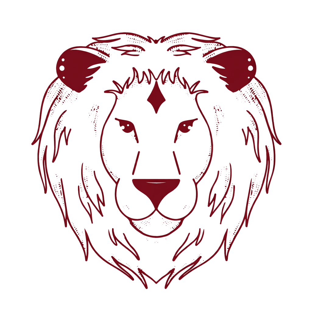 Stylized illustration of a lion's face in dark red on a black background.