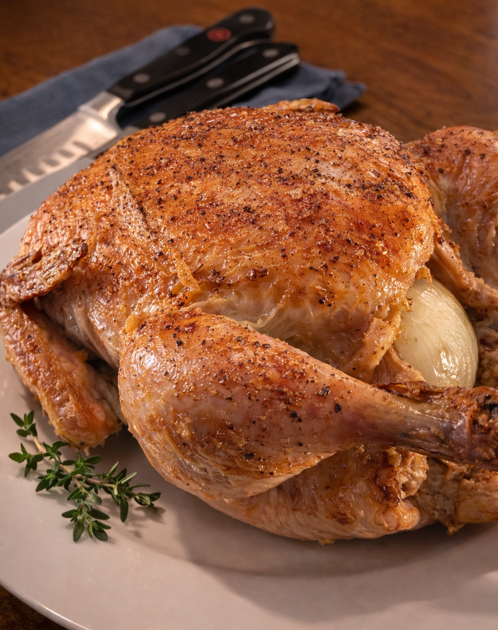 Roast whole chicken seasoned with black pepper, resting on a white plate with a sprig of thyme, on a wooden table.