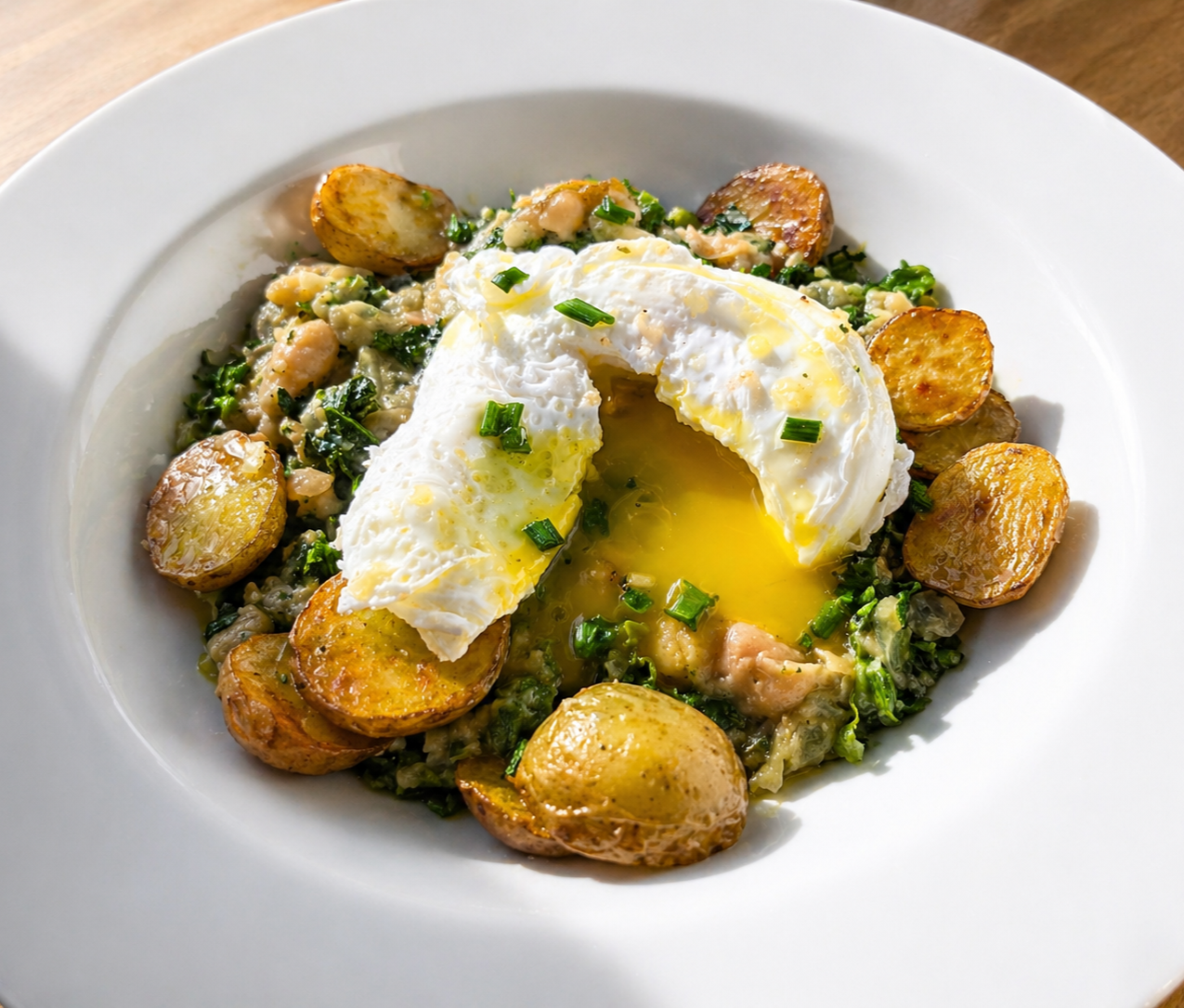 A dish featuring roasted fingerling potatoes, sautéed greens, and a poached egg with runny yolk, garnished with chopped green onions.