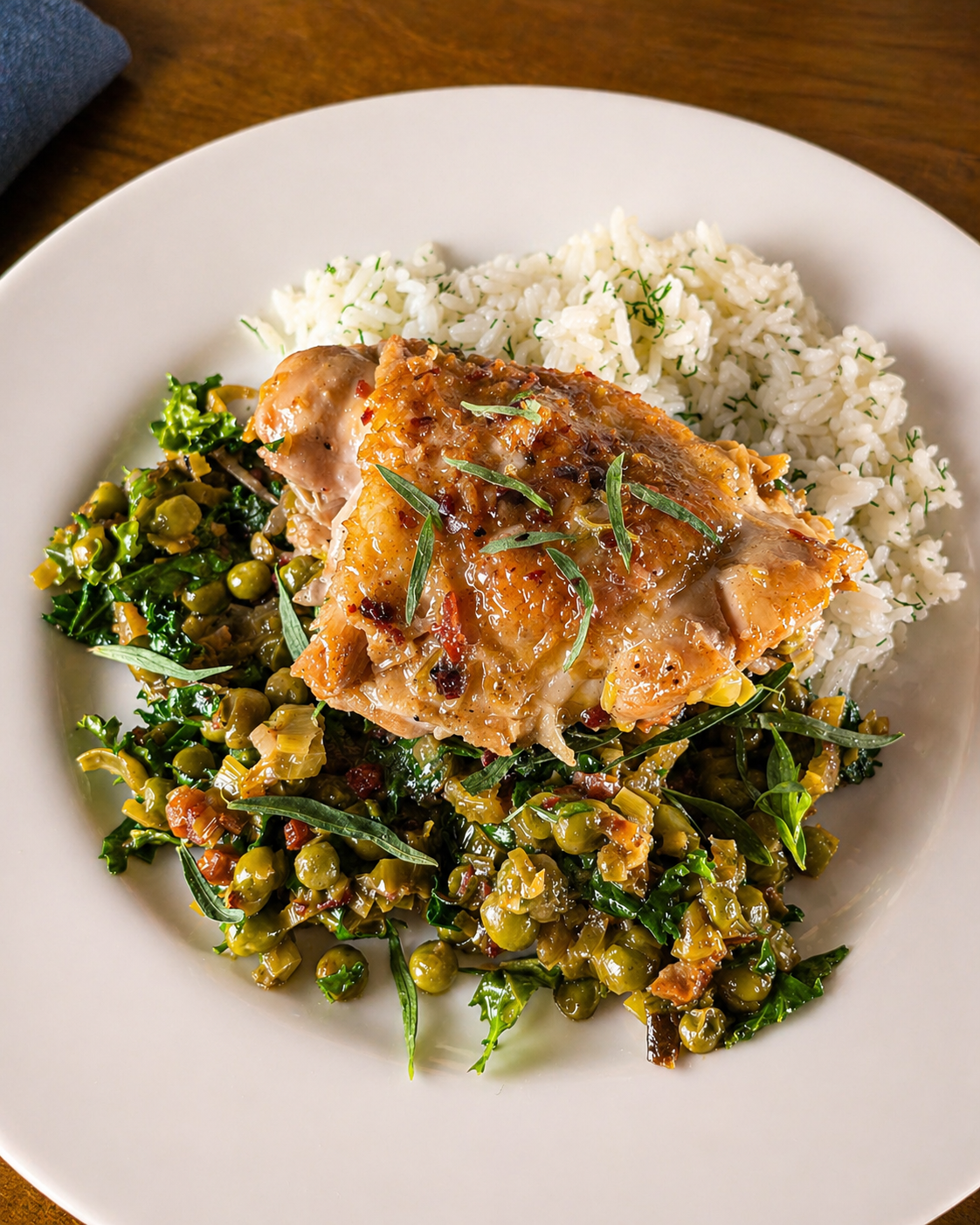 Plate with cooked fish fillet topped with sauce and garnished with herbs, served with rice and a vegetable medley of peas, kale, and chopped vegetables.