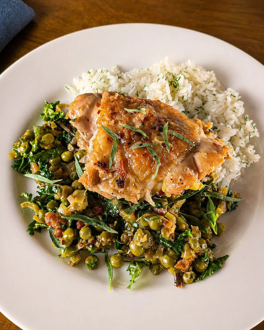 Spring chicken with peas, leeks and kale topped with fresh tarragon and served with herbed rice.