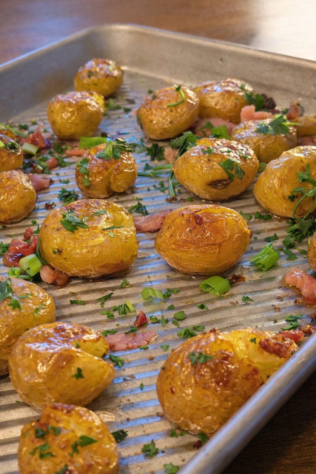 Baked potatoes garnished with chopped parsley and green onions on a metal baking sheet.