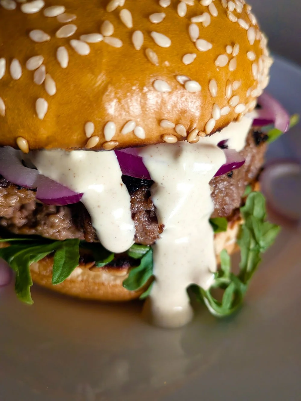 Smoked paprika garlic hamburger topped with creamy garlic sauce, red onion and arugula on a toasted sesame seed bun.