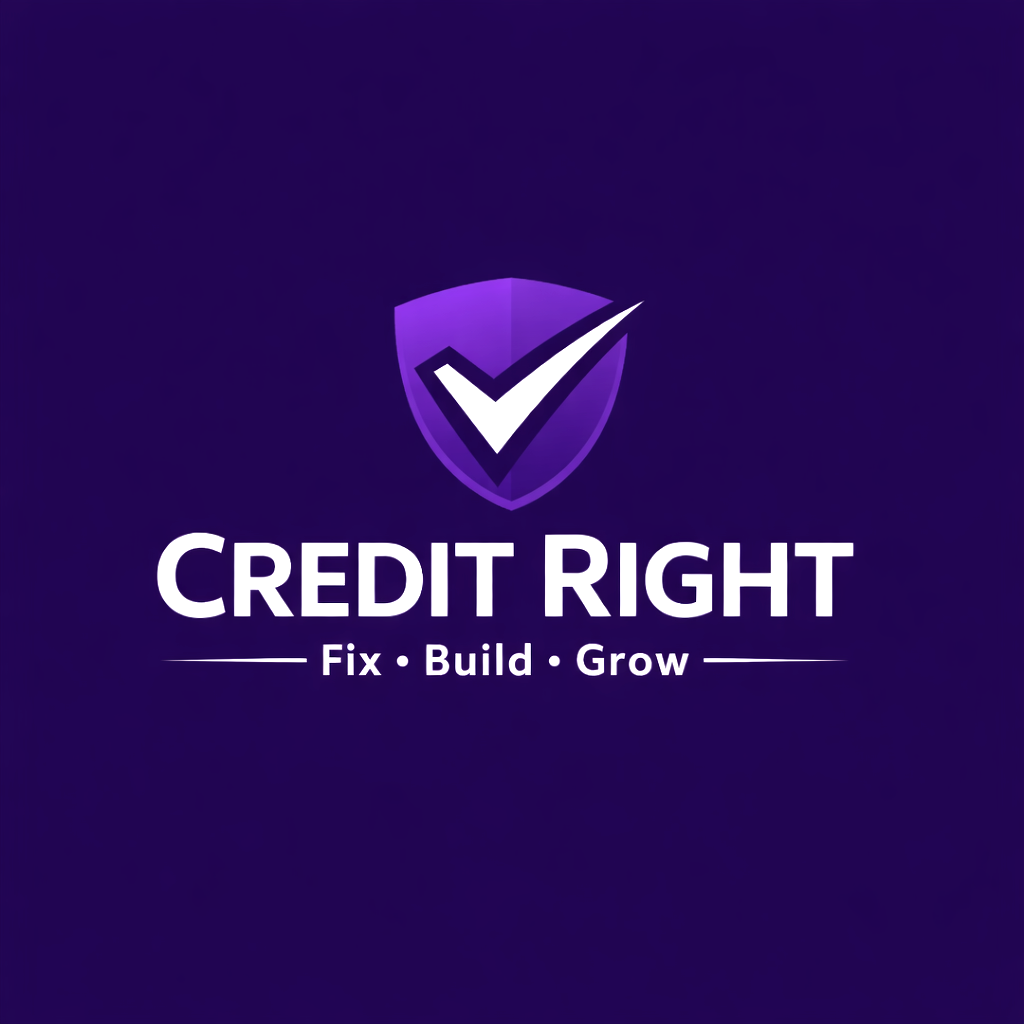A logo for Credit Right featuring a shield with a checkmark, and the words 'CREDIT RIGHT' with the tagline 'Fix • Build • Grow' on a purple background.