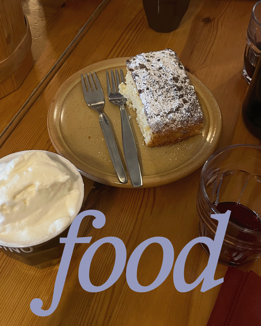 a video with 4 immages in loop. Flowers, Alps, Hiking in the Italian alps. A slice of cake with powdered sugar on top on a plate, two forks, a bowl of whipped cream, and glasses of dark soda on a wooden table.