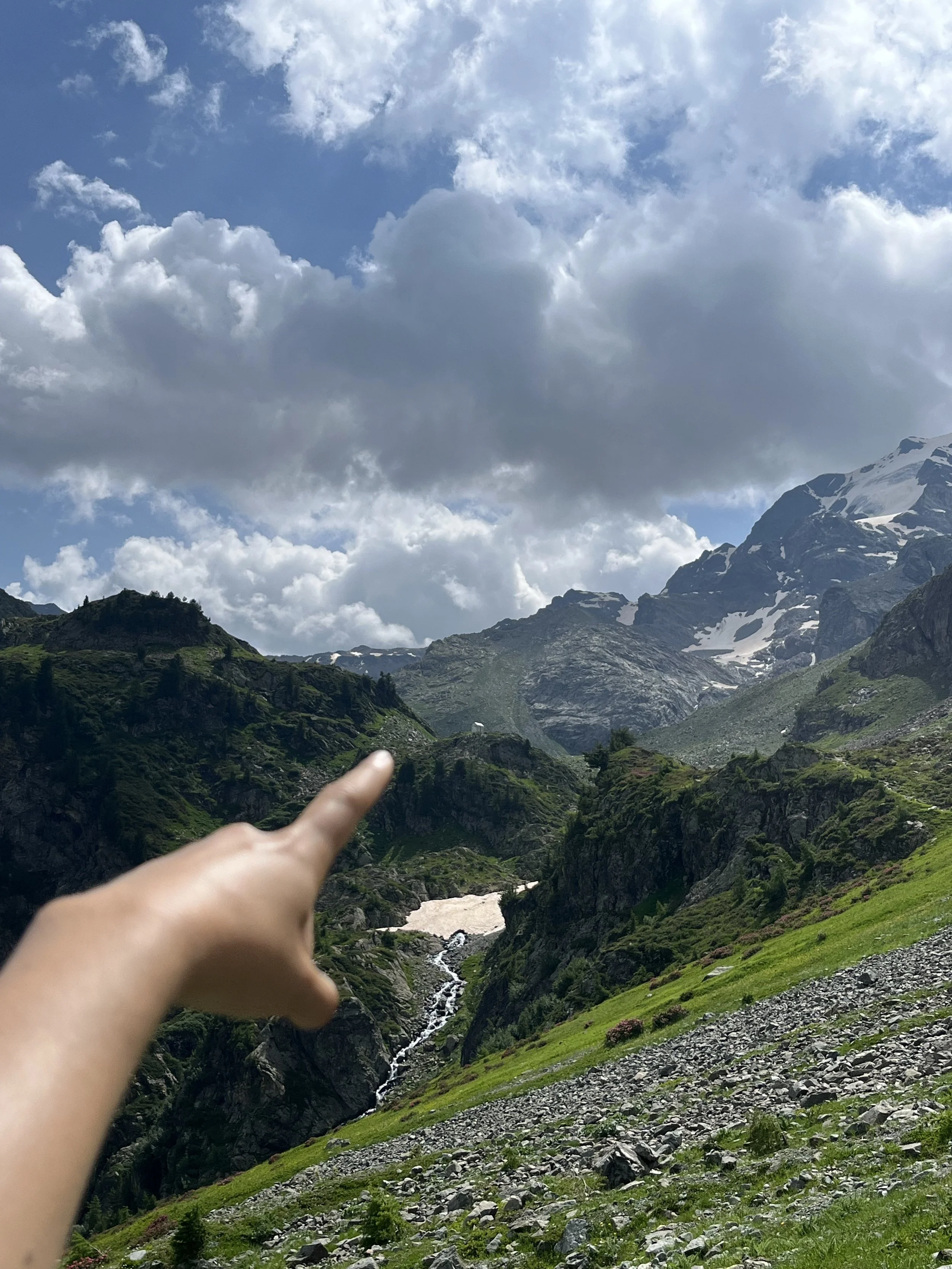 Photo of a mountainous landscape with green hills, rocky terrain, snow-capped peaks, and a partly cloudy sky, with a hand pointing towards the mountains.