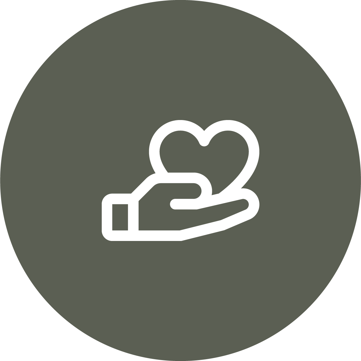 Outline of a hand holding a heart symbol inside a dark gray circle.