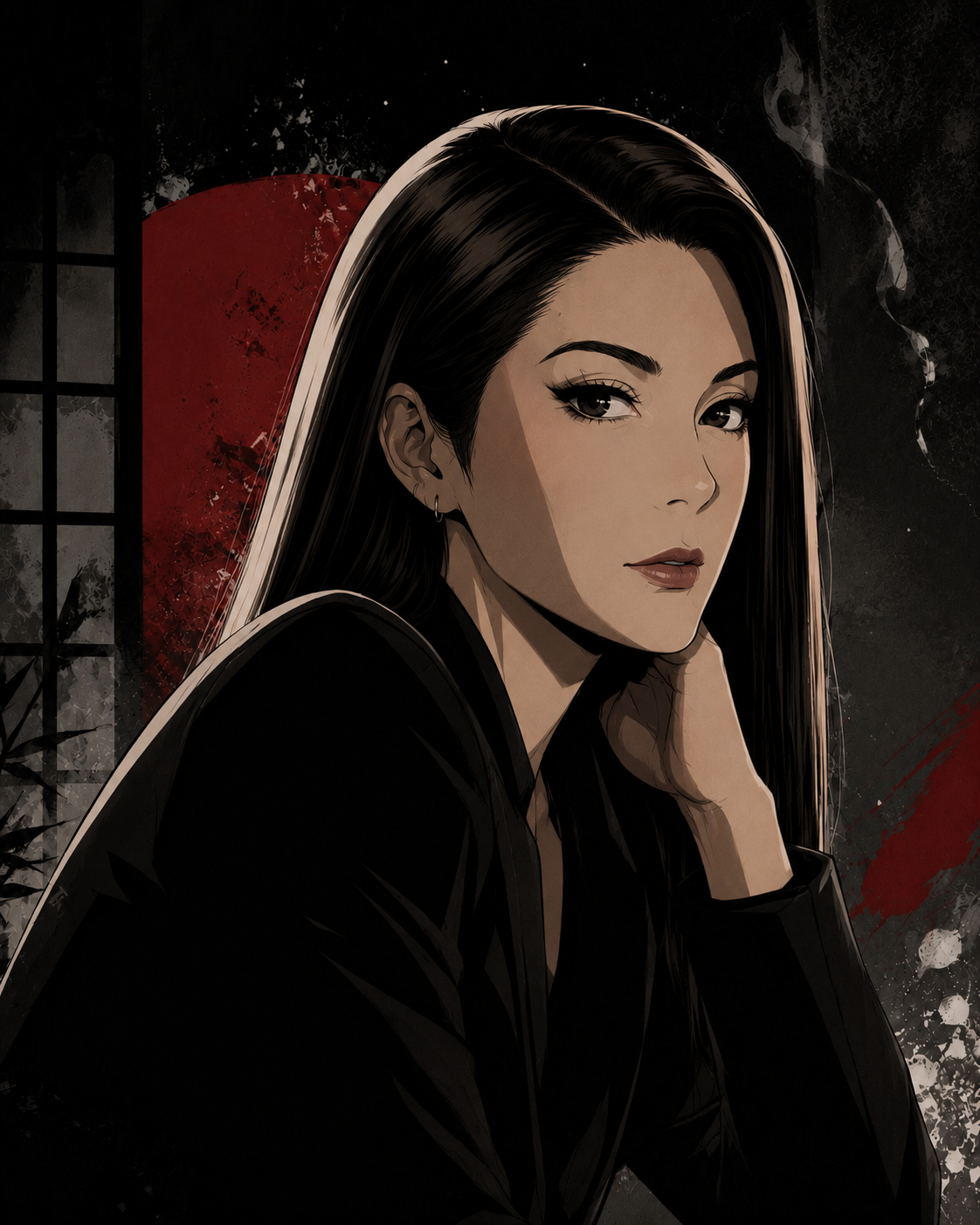 Anime noir author portrait for Cosmic Sushi with black and red editorial styling.