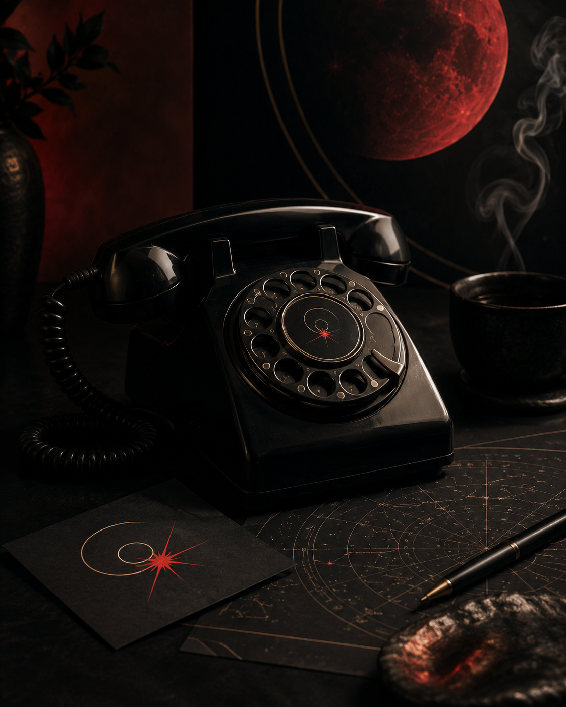 Black rotary phone on a dark desk with astrology chart details and red noir lighting for the Cosmic Sushi contact page.