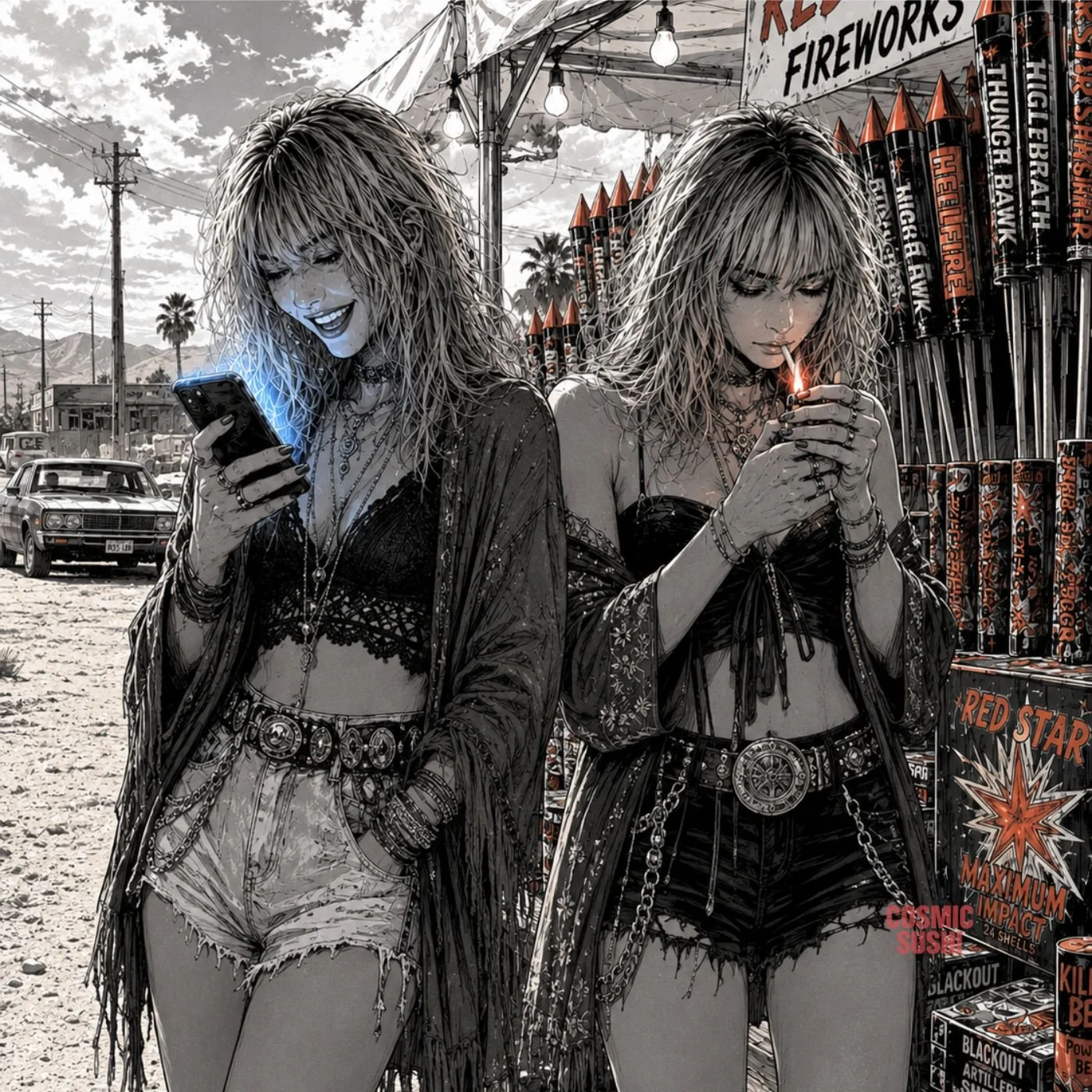 Cosmic Sushi manga-noir homepage artwork featuring two stylish women in a cinematic black and red street scene.