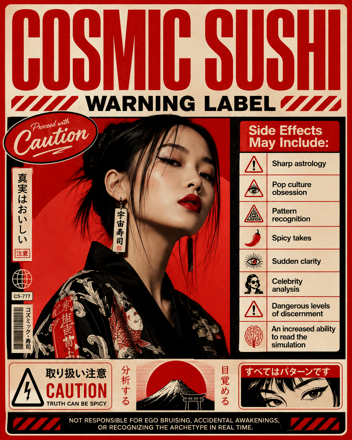 Cosmic Sushi warning label artwork featuring a stylish woman and side effects including sharp astrology, pop culture obsession, and pattern recognition.