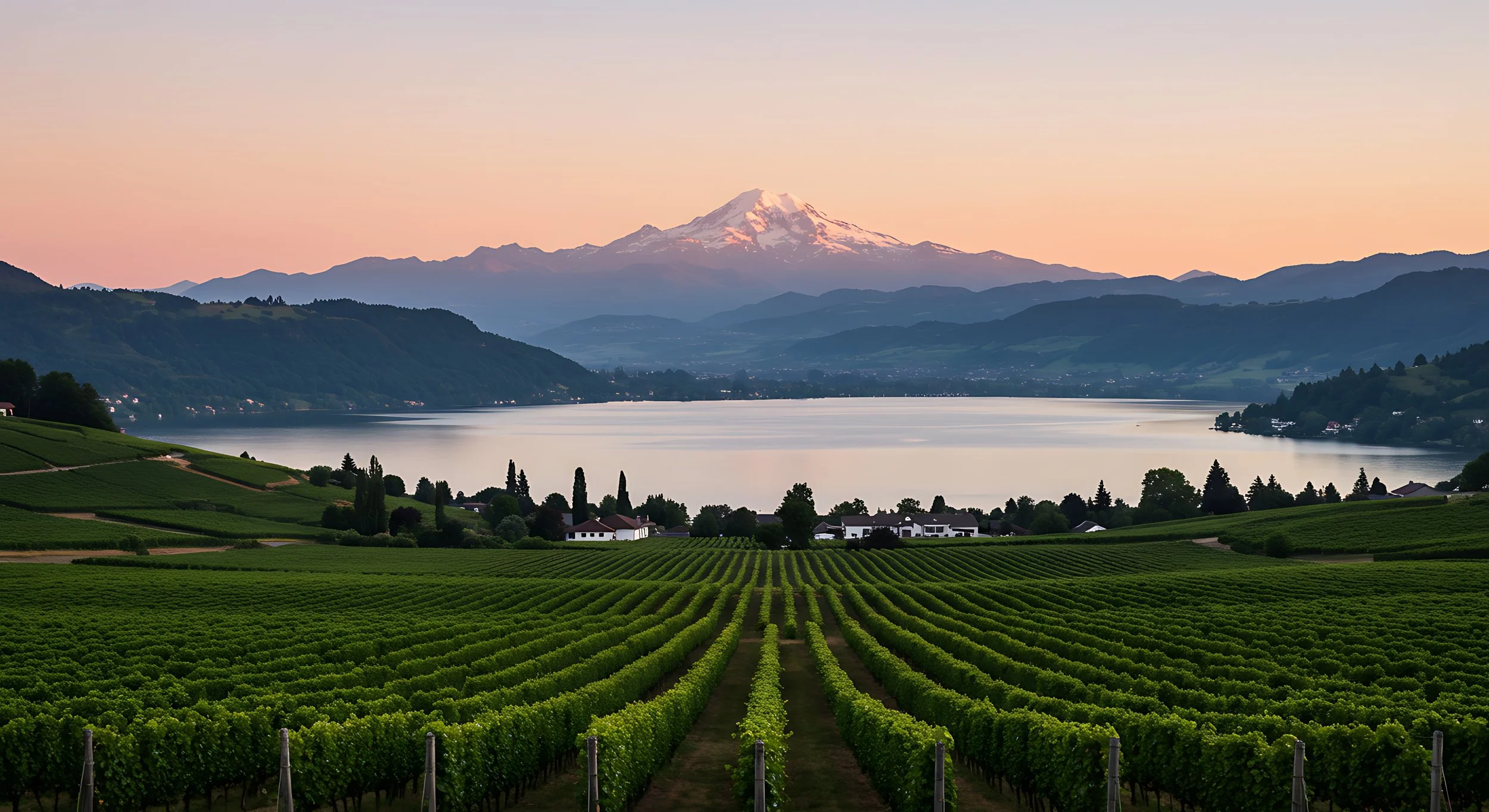 Snow capped mountain peak at sunset with lake and vineyards in foreground