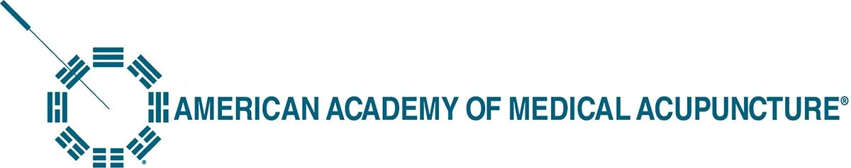 Logo of the American Academy of Medical Acupuncture featuring a circle of blue Taegeuk symbols and ten line symbols with the organization name.