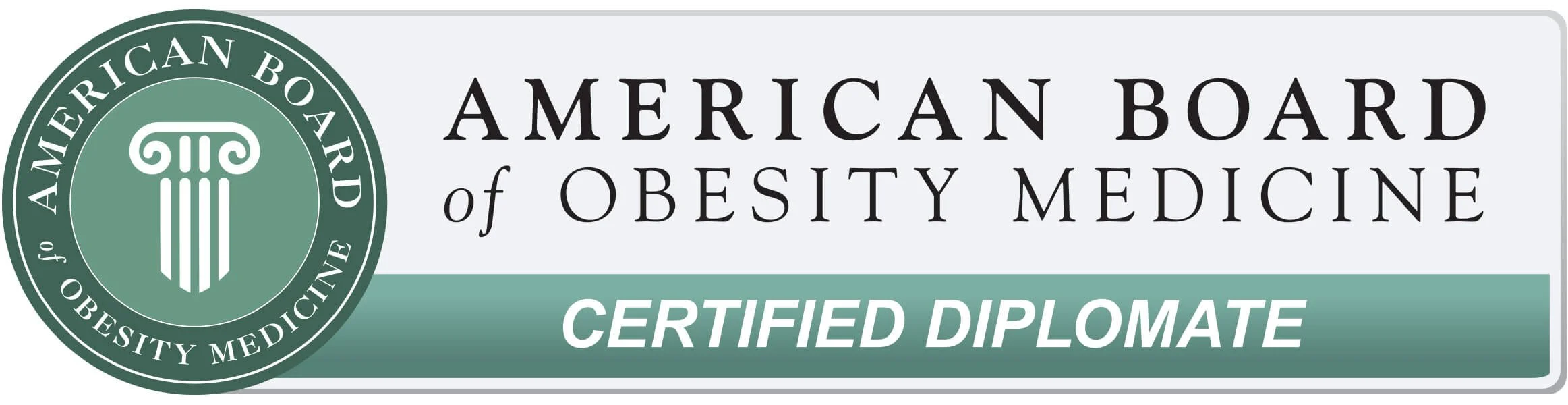 A certification badge for the American Board of Obesity Medicine, indicating a certified diplomat.