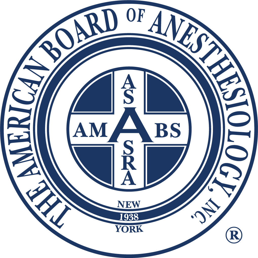 The circular logo of the American Board of Anesthesiology, including a cross with the words AM, AS, BS, ASA, R, and S inside, and the text 'The American Board of Anesthesiology Inc., NY, 1938, New York' around the circle.