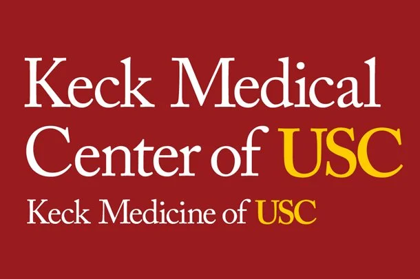 Logo for Keck Medical Center of USC, with the text 'Keck Medical Center of USC' and 'Keck Medicine of USC' on a red background.
