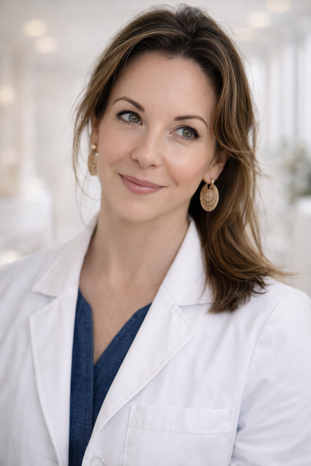 A woman wearing a white coat and gold earrings, smiling and looking slightly to her right, with a blurred background.