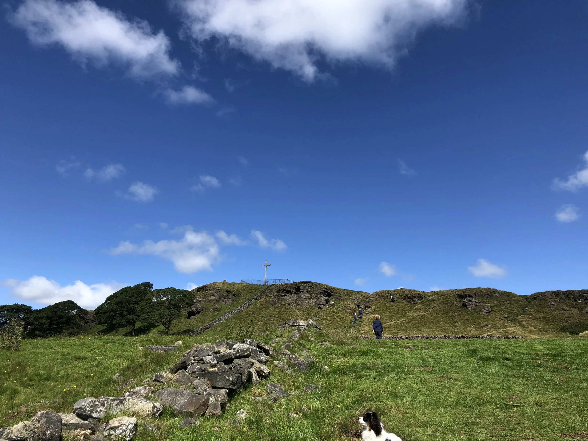 View of Corbar Cross on a bright blue sky day in Buxton, showing a dog and walker in a grassy field overlooking the Peak District landscape.