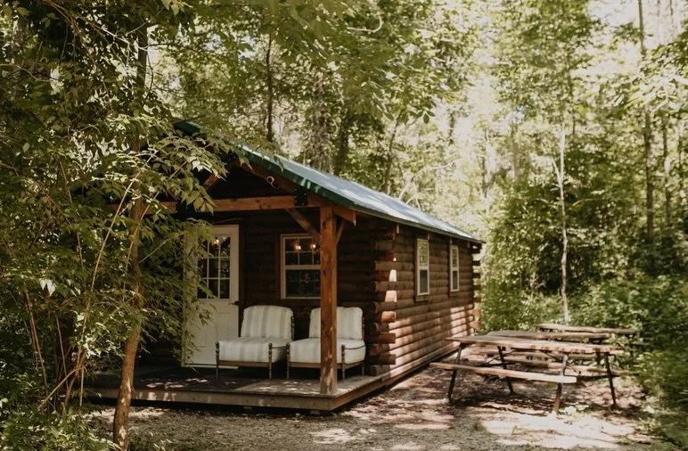 Small log cabin with a blue metal roof, surrounded by trees, featuring a porch with two white armchairs and several picnic tables nearby.