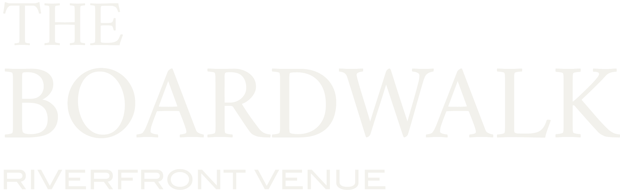 Logo for The Boardwalk Riverfront Venue in white text on a black background.