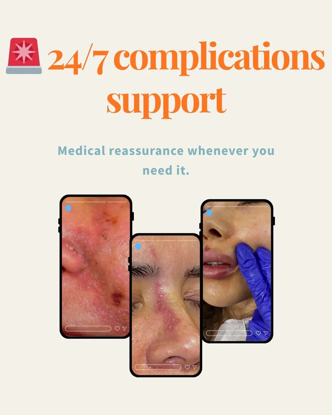 Advertisement for 24/7 medical support with images of skin conditions on mobile screens and a healthcare professional examining a patient's face.