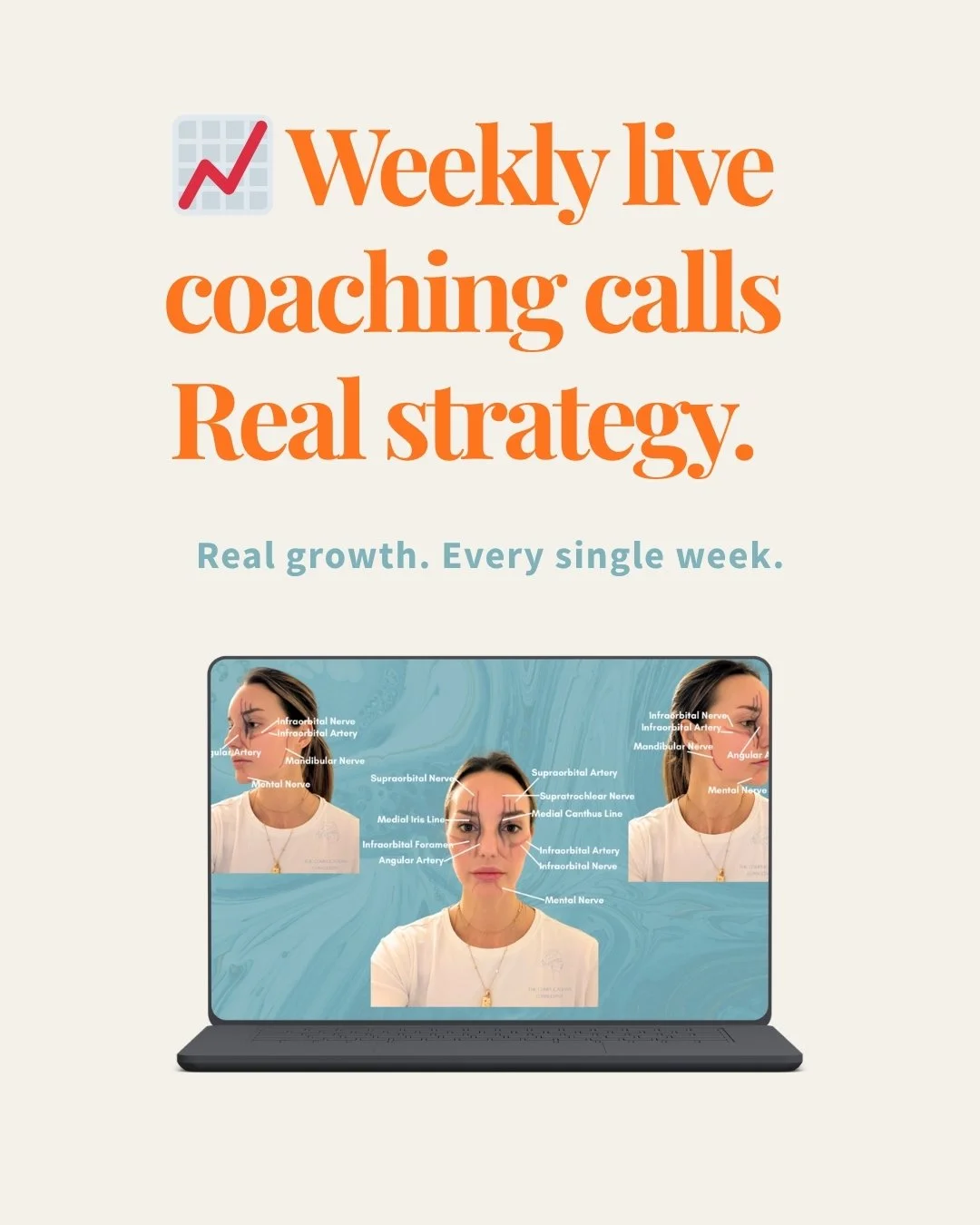 Advertisement for weekly live coaching calls with a focus on real strategy for growth, featuring a laptop screen with a woman's face and annotations of facial nerves.