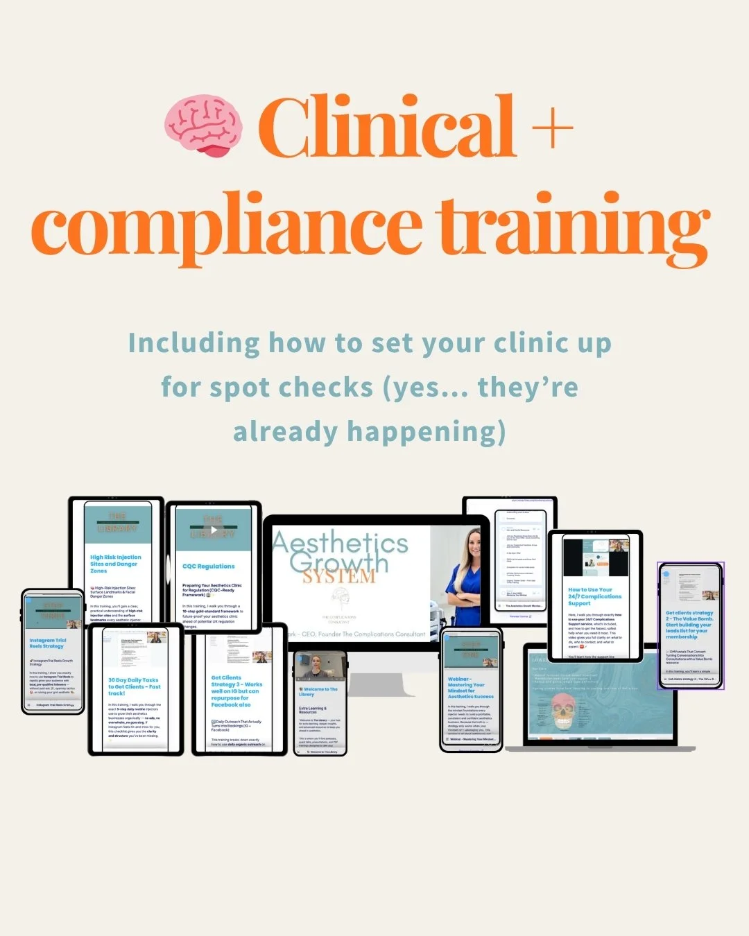 Cover of a training program on clinical and compliance training, with images of tablets and laptops displaying training modules and materials, including topics like high risk injection sites, CQC regulations, and client strategy.
