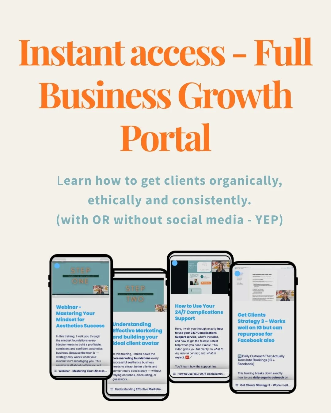Promotional graphic for a business growth portal with text about gaining clients organically through social media, featuring images of smartphones displaying training modules and strategies.